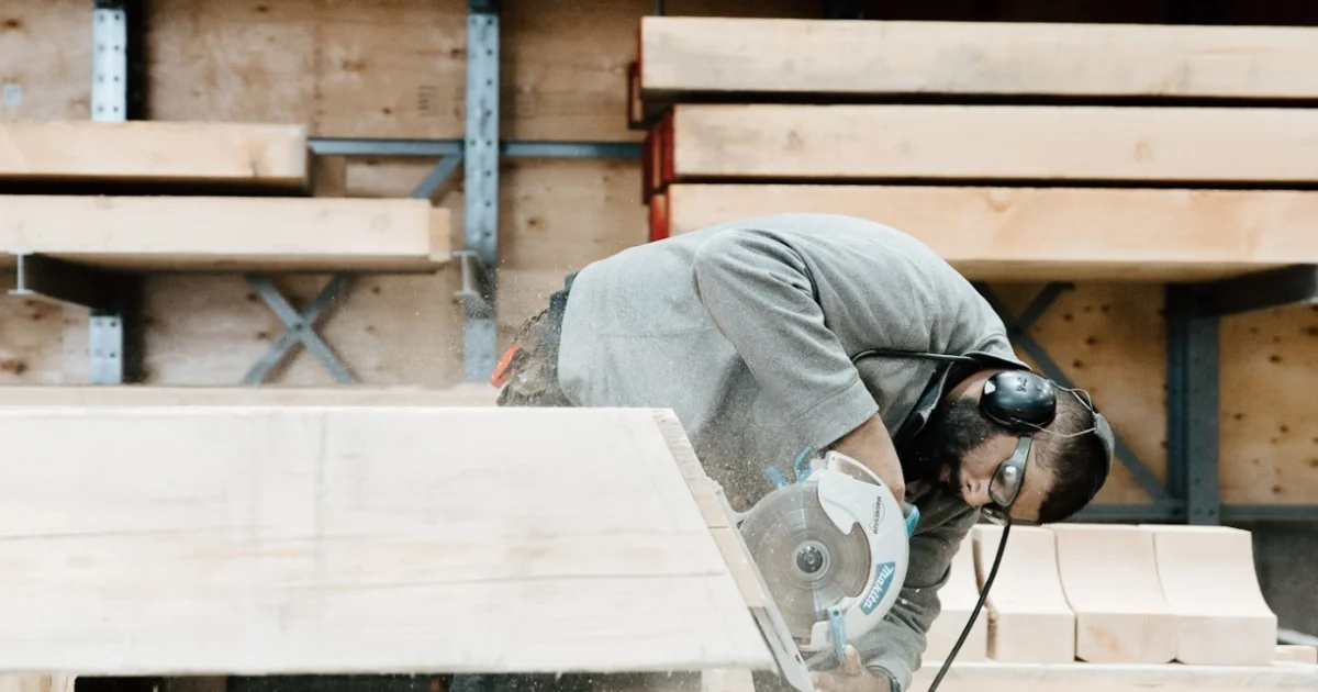 Worker using a circular saw to cut a large piece of timber in a woodshop